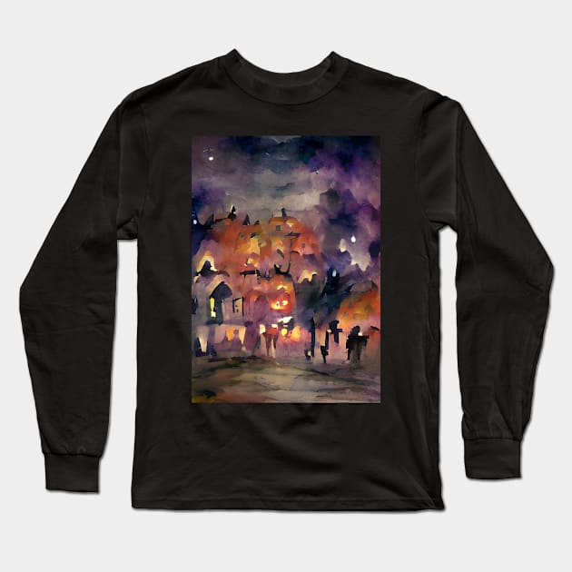 HALLOWEEN NIGHT SMALL VILLAGE FROM GRAVEYARD Long Sleeve T-Shirt by sailorsam1805